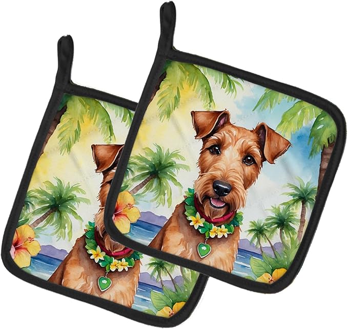 Caroline's Treasures Irish Terrier Luau Pair of Pot Holders Kitchen Heat Resistant Pot Holders Sets Oven Hot Pads for Cooking Baking BBQ, 7 1/2 x 7 1/2
