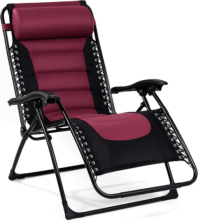 Backyard Expressions Deluxe XL Padded Recliner Zero Gravity Chair – Ergonomic Anti-Gravity Lounger with Folding Design, Side Tray, and Adjustable Headrest
