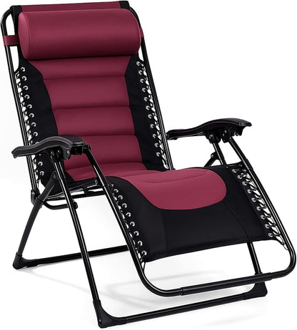 Backyard Expressions Deluxe XL Padded Recliner Zero Gravity Chair – Ergonomic Anti-Gravity Lounger with Folding Design, Side Tray, and Adjustable Headrest