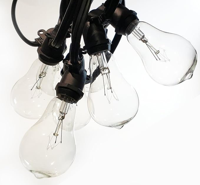 Commercial Vintage Edison String Lights (PS50 Clear - Black Wire, 50 Foot) | PS50 Clear 7 Watt Bulbs, 50 Foot 40 Socket, Commercial Grade Outdoor Lights