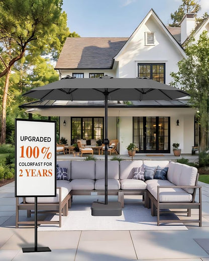 GDPFN 15FT Large Patio Umbrella with Base Included, Outdoor Deck Standing Umbrella with Crank Handle, Double-Side Rectangular Pool Umbrella for Outside, Market, Patio, Dark Gray