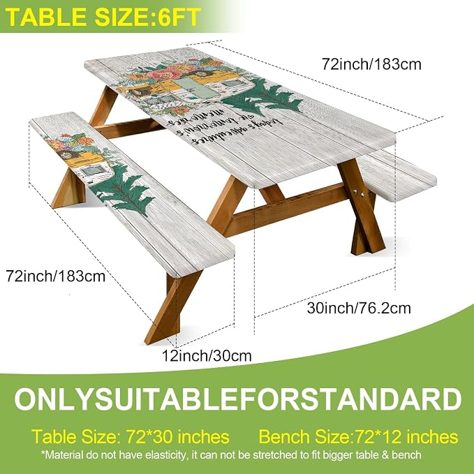 Picnic Table Cover with Bench Covers –Waterproof Windproof Camping Tablecloth with Drawstring Bag,Fitted 72in Rectangle Tables and Seats,Camper Floral Design,Camping Essentials for Patio,Park,Backyard