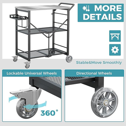 Ciokea Folding Outdoor Grill Cart with Wheels, 3-Shelf Grill Table with 27x18 in Stainless Steel Top, Rolling Pizza Oven Stand, Metal Portable Cart for BBQ Patio Camping (Black)