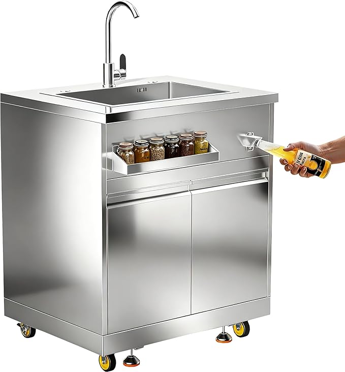 BODEGA Stainless Steel Kitchen Sink with Hose Hook Up, Outdoor Kitchen cabinets with Ample Storage Space, All-Weather Single Bowl Commercial Sink Cabinet Bottle Opener & Spice Rac,Brake Wheels.