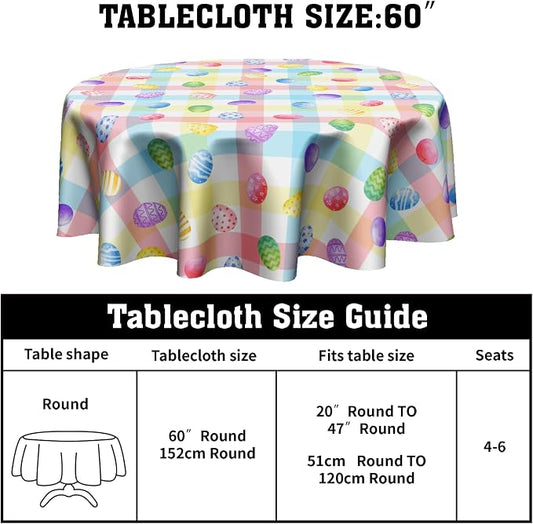 Sweetshow Easter Colorful Eggs Table Cloth Round Buffalo Check Plaid Tablecloth 60 Inch Decor Washable Stain and Wrinkle Spring Round Table Cover for Dining Picnic