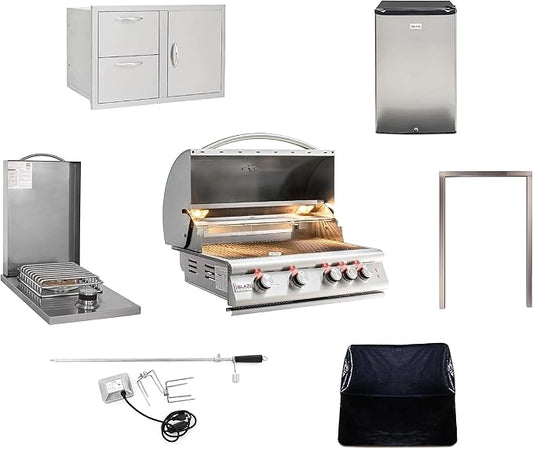 BLAZE BBQ Outdoor Package 8 of 32" LTE Built-in Natural Gas Grill, Drop-in Single Side Burner, 32" Door & Two Drawers Combo, 20" Compact Refrigerator, Grill Cover, Rotisserie Kit, and Accessories