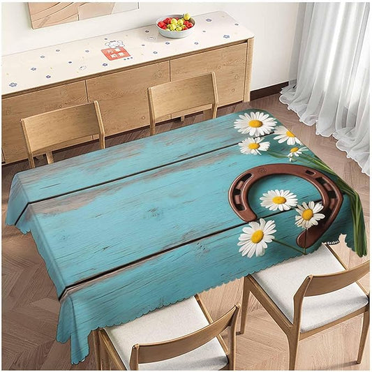 Daisy Dinner Table Cloths Rustic Wooden Horseshoe Daisy Decorative Tablecloth for Rectangle Tables 52"X70", Heavy Duty Table Covers Tablecloths for Kitchen Patio Banquet