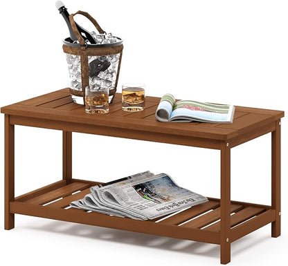 Furinno TIOMAN 2-Tier Outdoor Patio Table with Open Shelf, Natural | Slatted Hardwood Tabletop, Side Table, Coffee Table, in Teak Oil, for Patio, Garden, Porch