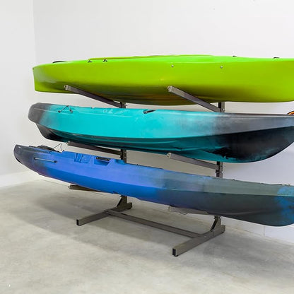 Teal Triangle Adjustable Freestanding Kayak Storage Rack, Holds 3 Kayaks | Outdoor Kayak Rack, Paddle Board Holder, Canoe Rack, Kayak Stand, Felt Padded Arms, Weather Resistant Steel