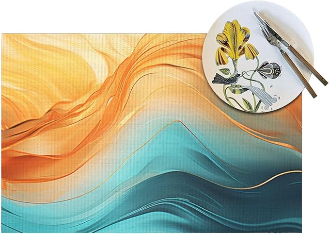 Orange Teal Marble Placemats Set of 4 Kitchen Table Mats for Dining | Washable Non-Slip Heat-Resistant Linen Place Mats Outdoor Holiday Party Home Decor 12"x18"