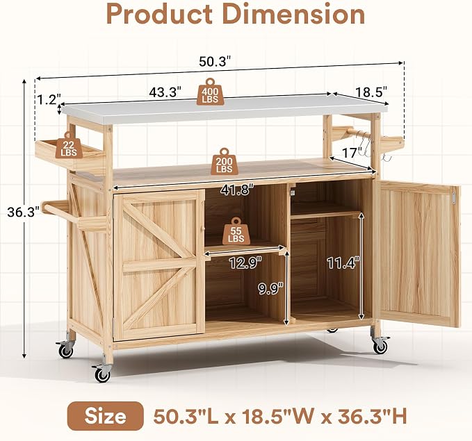 Zevemomo Outdoor Grill Cart with Storage, Stainless Steel Tabletop Outdoor Kitchen Island, Solid Wood Outdoor Buffet Cabinet with Wheels for Grilling, Light Wood Color