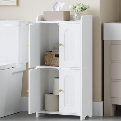 HEXCELEN Small Bathroom Storage Cabinet, Mediterranean, White | 4 Doors, Floor Bathroom Organizer, Freestanding for Small Spaces, Living Room, Kitchen, Entryway