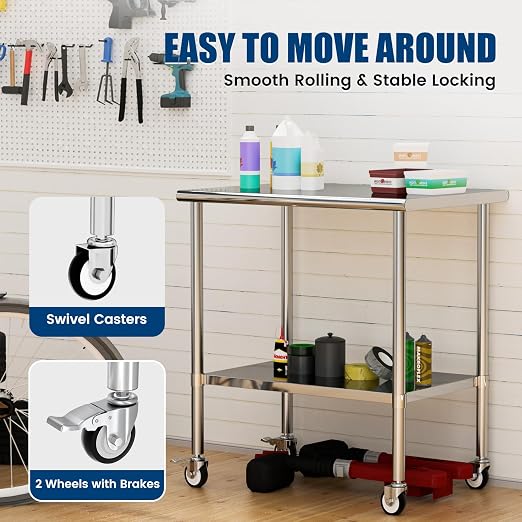 Stainless Steel Work Table with Wheels, 24x36 Inch NSF Kitchen Prep Table with Adjustable Undershelf for Commercial Restaurant, Garage, Outdoor BBQ
