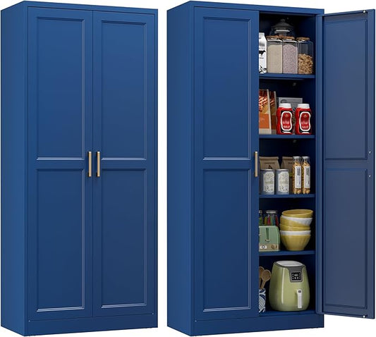 Polup Kitchen Pantry Cabinet, 71 Inch Tall Metal Pantry Cabinet with Doors and Adjustable Shelves, Freestanding Food Cupboard, Storage Cabinets for Dining, Living Room, Navy Blue, Assemble Required