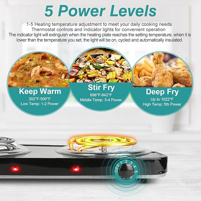 Electric Hot Plate,2000W Portable Electric Stove Countertop Double Coil Burners W/Dual Control&5 Level Temperature Control, Easy to Clean,Lightweight Cast Iron Countertop Stove for Home Camp RV 110V