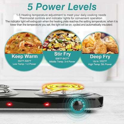 Electric Hot Plate,2000W Portable Electric Stove Countertop Double Coil Burners W/Dual Control&5 Level Temperature Control, Easy to Clean,Lightweight Cast Iron Countertop Stove for Home Camp RV 110V