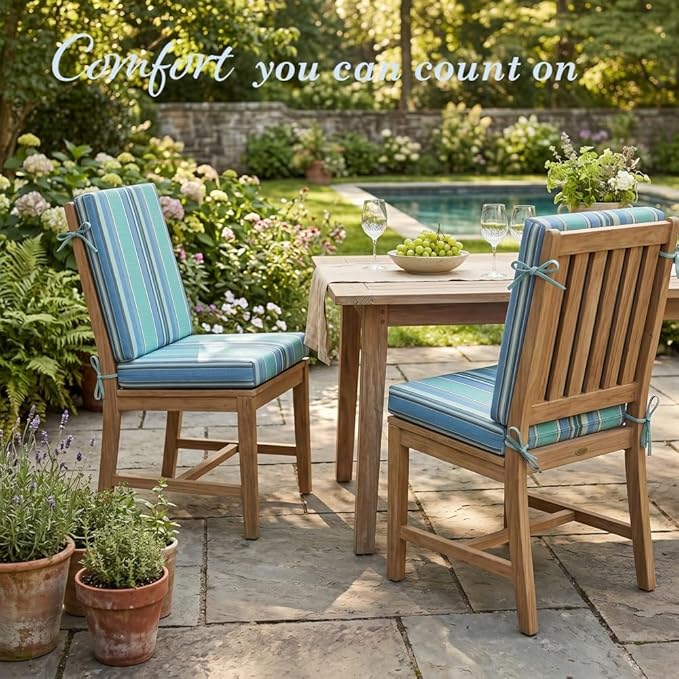 California Umbrella Outdoor Dining Chair, Set of 2 Patio Seat Cushions, 20 x 40 Inch, Premium Outdoor Memory Foam, Fade Resistant, Sunbrella Fabric, Fabric Ties, Dolce Oasis
