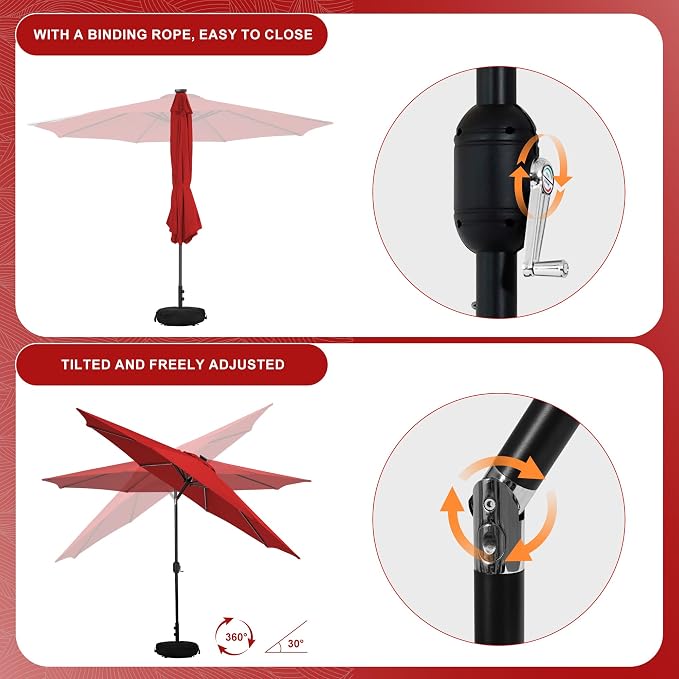 Sundale Outdoor 88 LED 10 FT Solar Patio Umbrella with Base, Red | Sand Bag Umbrella Base, Tilt, Crank, Solar Lights