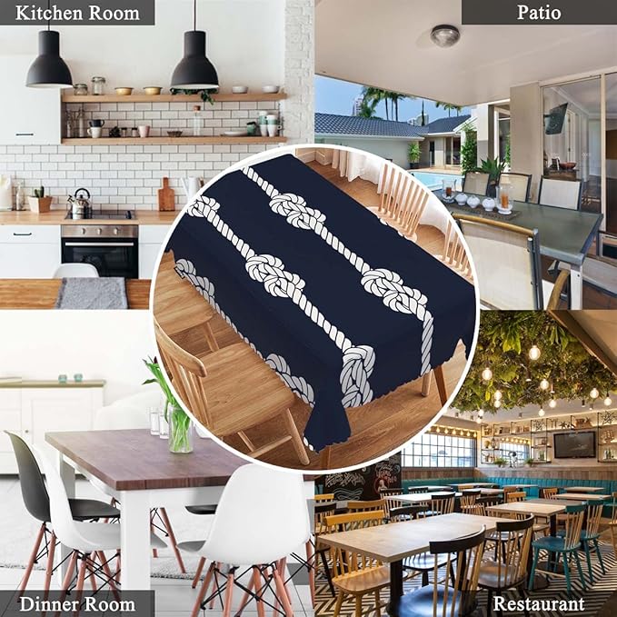 Swono Nautical Rope Table Covers 52x70 Inch Marine Rope White Loop Knots Wipeable Tablecloth Kitchen Dinning Tabletop Decoration, Navy Blue Table Cloth for Outdoor and Indoor Use