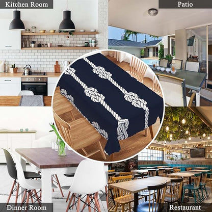Swono Nautical Rope Table Covers 52x70 Inch Marine Rope White Loop Knots Wipeable Tablecloth Kitchen Dinning Tabletop Decoration, Navy Blue Table Cloth for Outdoor and Indoor Use