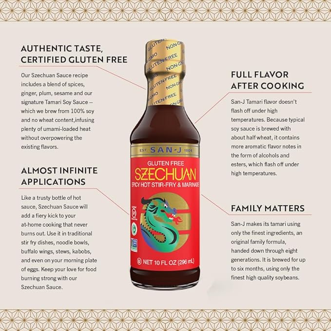 San-J - Spice of Life Variety Pack- Teriyaki, Orange Sauce, Szechuan, Thai Peanut - All Gluten Free Cooking Sauces - Non-GMO - 10 oz. Bottles - 4 Pack
