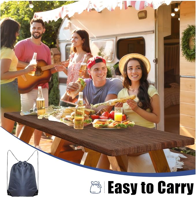 Smiry Picnic Table Cover with Bench Covers, Waterproof Elastic Fitted Tablecloth for 8 Foot Tables, Washable Polyester Tablecloths for Camping, Indoor & Outdoor (Brown, 30x96 Inch 3-pc Set)