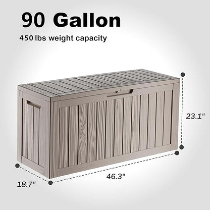 PatioZen 90 Gallon Deck Box,Resin Outdoor Storage Box with Lockable for Patio Furniture, Pool Accessories, Garden Tools Waterproof Outside Storage Box, Grey