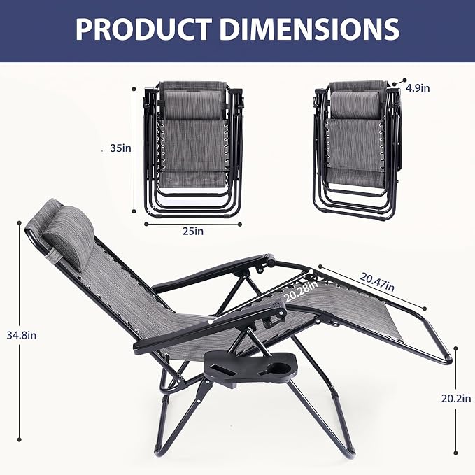 Sweetcrispy Zero Gravity Chairs, Set of 2 Portable Recliner Beach Camping Patio Outdoor Folding Lounge Chair with Cup Holder Trays and Adjustable Pillow for Poolside, Garden, Backyard, Lawn, Grey
