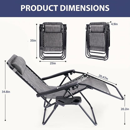 Sweetcrispy Zero Gravity Chairs, Set of 2 Portable Recliner Beach Camping Patio Outdoor Folding Lounge Chair with Cup Holder Trays and Adjustable Pillow for Poolside, Garden, Backyard, Lawn, Grey
