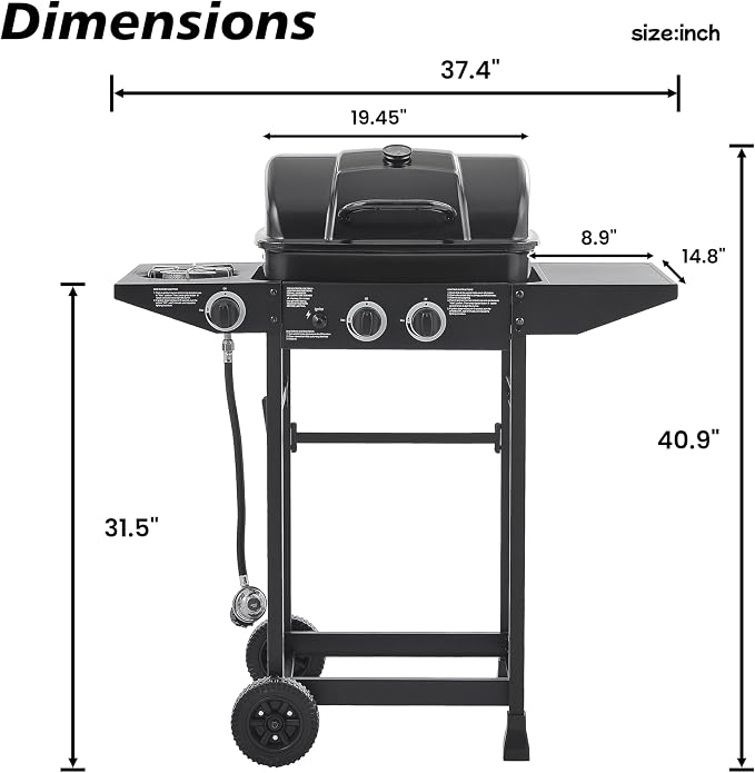37" Stainless Steel Outdoor Kitchen BBQ Island Grill with LPG Black | 2 Burner 24000 BTU Enameled Grates and Side Tables for Outdoor Cooking Kitchen and Patio Backyard