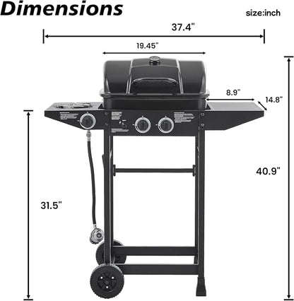 37" Stainless Steel Outdoor Kitchen BBQ Island Grill with LPG Black | 2 Burner 24000 BTU Enameled Grates and Side Tables for Outdoor Cooking Kitchen and Patio Backyard