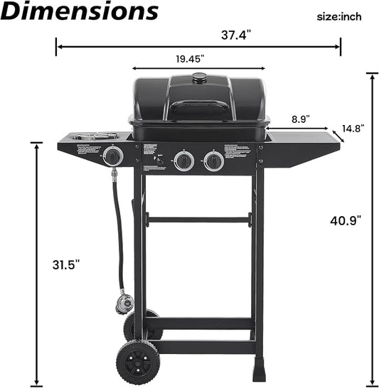 37" Stainless Steel Outdoor Kitchen BBQ Island Grill with LPG Black | 2 Burner 24000 BTU Enameled Grates and Side Tables for Outdoor Cooking Kitchen and Patio Backyard