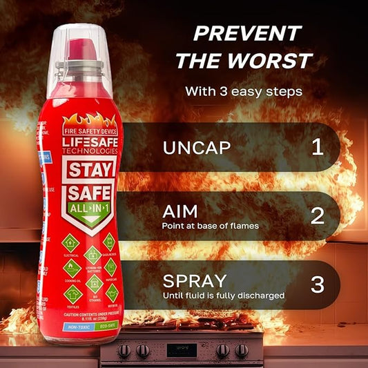 StaySafe All-in-1 Portable Fire Extinguishing Spray By LifeSafe Technologies | Compact Fire Extinguisher For 10 Types of Fires | Non-Toxic, Non-Hazardous & Eco-Friendly