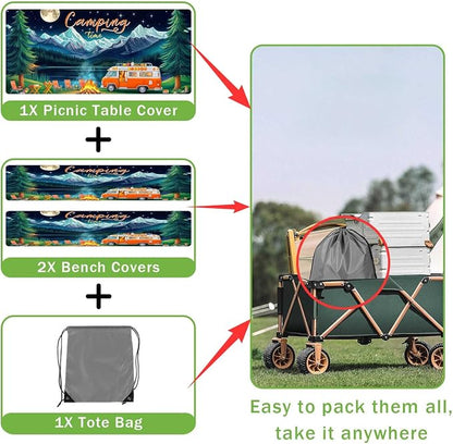 Picnic Table Cover with Bench Covers and Bag, Forest Mountain Lake Fitted Outdoor Table Covers, Camping Essentials, Windproof & Waterproof Tablecloth Cover with Elastic Edge, 3 PCS, 30x72 Inch