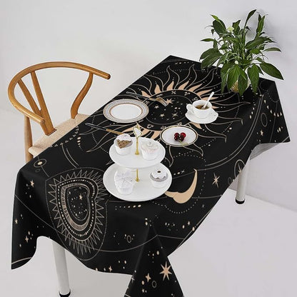 Vintage Tarot Moon Tablecloth Boho Mystical Crescent Cosmic Zodiac Star Galaxy Space Table Cloth Water Resistant Wipeable Table Cover for Picnic Party Holiday Kitchen Dinner Table 55"x75"