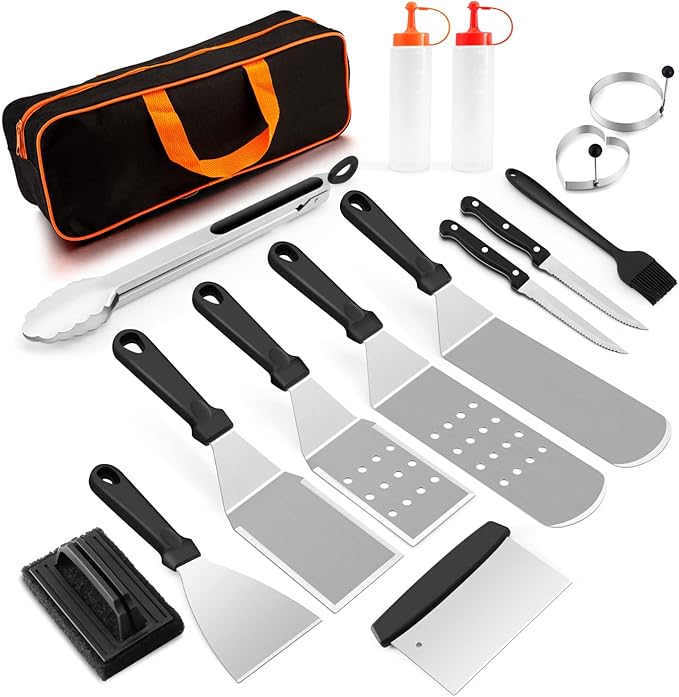 Griddle Accessories Kit of 16, HaSteeL Stainless Steel Teppanyaki Tools for Flat Top Grill Hibachi Camping BBQ, Heavy Duty Metal Spatulas, Chopper, Steak Knives, Bottles, Carrying Bag, Easy to Clean