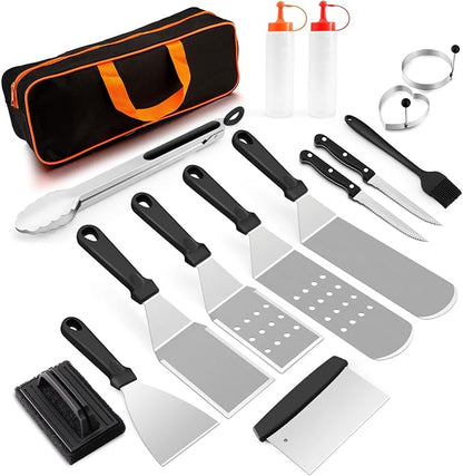 Griddle Accessories Kit of 16, HaSteeL Stainless Steel Teppanyaki Tools for Flat Top Grill Hibachi Camping BBQ, Heavy Duty Metal Spatulas, Chopper, Steak Knives, Bottles, Carrying Bag, Easy to Clean