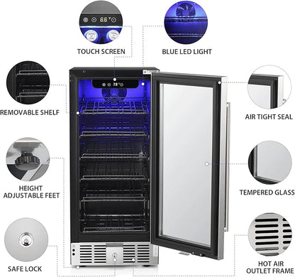 COWSAR Wine Fridge 15inch Beverage Refrigerator 2.9 Cu.Ft. Freestanding or Under Counter Cooler Stainless Steel Beer Fridge Mini ETL Approved