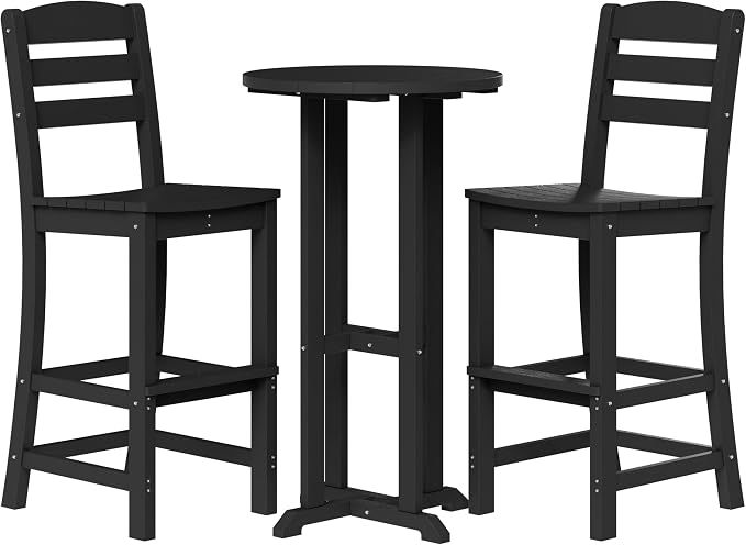Shintenchi 3 Pieces Outdoor High Top Bar Set, 1 Patio High Top Round Table and 2 Bar Height Tall Adirondack Chair, All-Weather Outdoor Bistro Bar Set for Balcony Pool Deck, Black