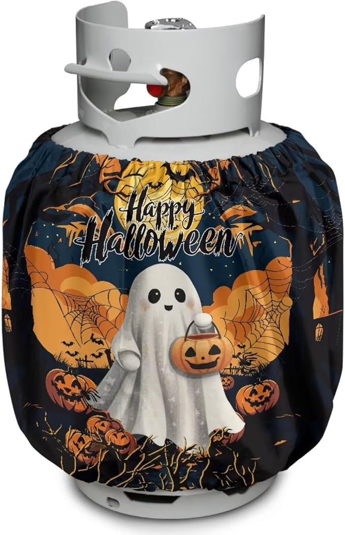 Ghost Propane Tank Cover 20lb Halloween Gas Tank Cylinder Cover for Outdoor Camping Yard Party Easy to Install Grill Accessories Gift for Holiday