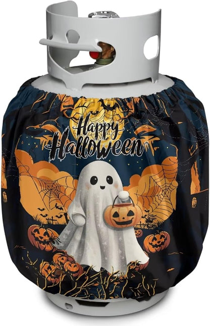 Ghost Propane Tank Cover 20lb Halloween Gas Tank Cylinder Cover for Outdoor Camping Yard Party Easy to Install Grill Accessories Gift for Holiday