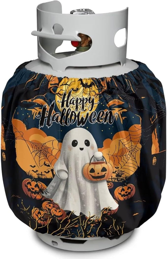 Ghost Propane Tank Cover 20lb Halloween Gas Tank Cylinder Cover for Outdoor Camping Yard Party Easy to Install Grill Accessories Gift for Holiday