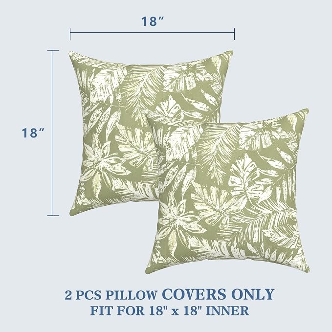 LVTXIII 2 Pack Outdoor Pillow Covers ONLY 18x18 Inch, Water-Repellent Square Decorative Cushion Covers for Patio Furniture, Garden, Sofa, Tropical Leaf Green