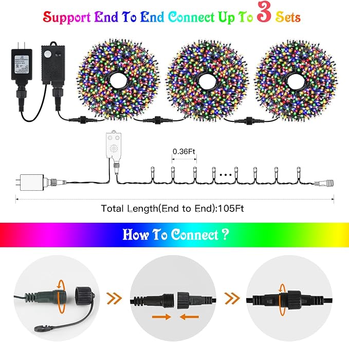 MZD8391 105FT 300LED Christmas Light, Christmas Tree Lights with Music | Multicolor, Motion Sensor, Play 4 Christmas Songs, Waterproof, UL Listed, 6 Light Modes, End To End Connect, Outdoor Indoor