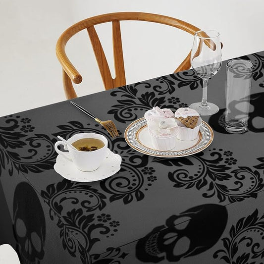 Gothic Black Damask Tablecloth, Vintage Floral Exotic Suger Skull Bohemian Antique Victorian Table Cloth Water Resistant Table Cover for Farmhouse Party Holiday Kitchen Dinner Table 60x120"