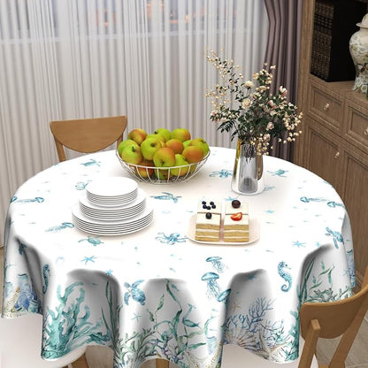 Summer Sea Turtle Jellyfish Table Cloth Round Blue Ocean Theme Nautical Coastal Tablecloth 60 Inch Decor Washable Stain and Wrinkle Resistant Round Table Cover for Dining Party Picnic