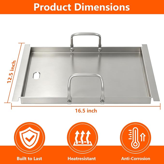Half-Size Stainless Steel Flat Top Griddle Insert for Captiva Designs GR001 | 12.5" L x 16.5" W for 4-Burner Propane Gas Grill, Universal Griddle Plate, Non-Stick Grill Accessory for Outdoor Cooking