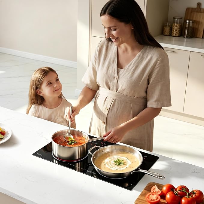 VEVOR Electric Cooktop 24inch 2 Burners Portable Stove Top 1800W 120V, Ceramic Countertop/Built-in Radiant Electric Stove, with 9 Power Levels, Timer, Child Lock, Over-Heat Guard, Touch Control