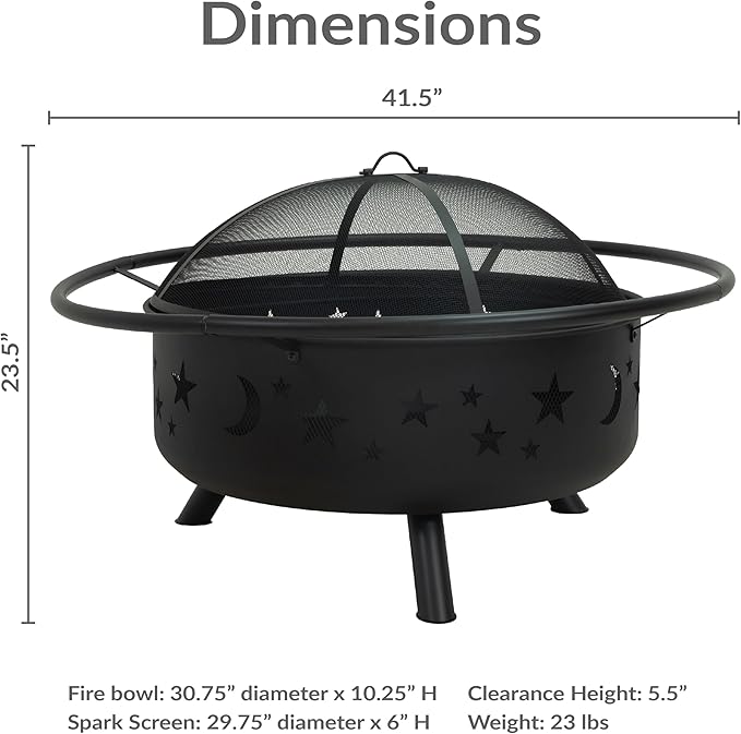 Sunnydaze Cosmic 42-Inch Large Outdoor Fire Pit - Wood-Burning Firepit for Outside Patio, Backyard, Deck - Steel - Wood Grate, Spark Screen, and Fireplace Poker Included - Black - 31” Bowl Diameter