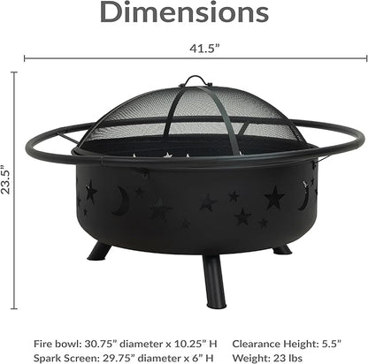 Sunnydaze Cosmic 42-Inch Large Outdoor Fire Pit - Wood-Burning Firepit for Outside Patio, Backyard, Deck - Steel - Wood Grate, Spark Screen, and Fireplace Poker Included - Black - 31” Bowl Diameter